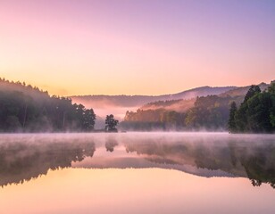 Fototapeta premium Sonnenaufgang über einem stillen See mit Nebelschleier