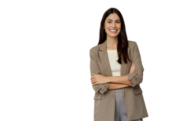 Professional businesswoman smiling confidently, arms crossed, standing with transparent background, representing success