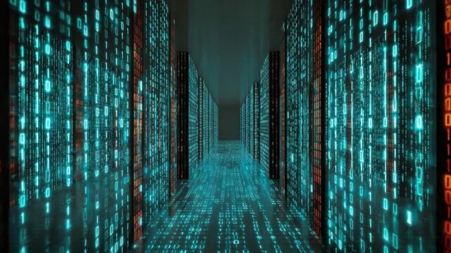 Cyber Matrix: A futuristic depiction of a data center, where walls of servers are overlaid with glowing code. The scene is suffused with a cool, ethereal light. - Powered by Adobe