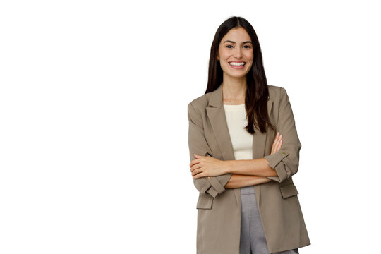 Professional businesswoman smiling confidently, arms crossed, standing with transparent background, representing success