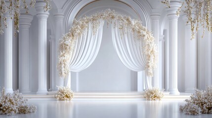 Elegant arch decorated with flowers in an ornate hall for wedding or event backdrop