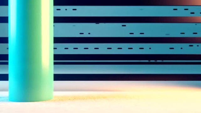 Abstract geometric composition featuring a turquoise column against a striped background