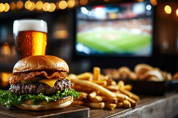 Delicious burger with crispy fries and cold beer in cozy pub setting