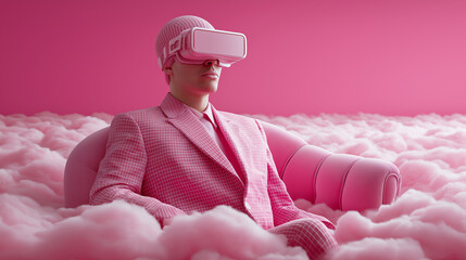 Mann mit VR-Brille in komplett rosa Szenerie mit Wolken-Ambiente