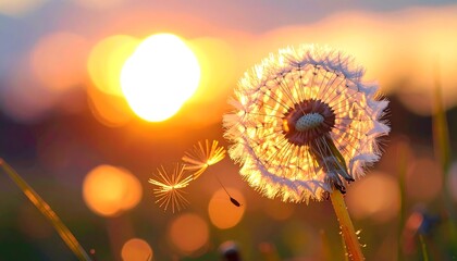 Dandelion seed head glowing in the warm golden sunset light.