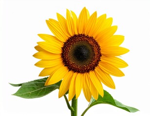 Vibrant Single Sunflower Isolated on White Background with Green Stem and Leaves