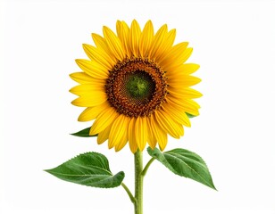 Vibrant Single Sunflower Isolated on White Background with Green Stem and Leaves