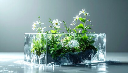 Delicate White Flowers and Green Plants Encased in a Clear Ice Block.