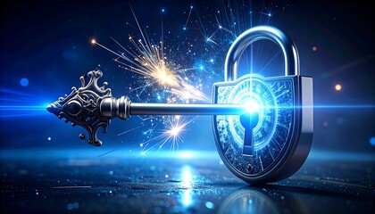 Digital Key Unlocking Cyber Security Padlock.