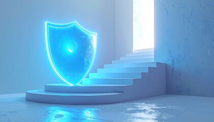 Digital Security Shield on Staircase.