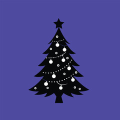 Fototapeta premium Christmas tree black silhouette with white lights and stars on a blue background