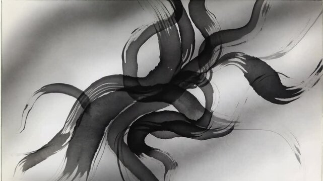 Abstract Black Ink Brush Strokes on White Paper with Soft Gradient Background.
