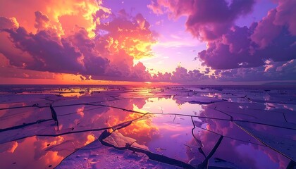 Dramatic Purple Sunset Reflecting on Wet Cracked Ground.