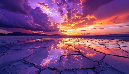 Dramatic Purple Sunset Over Cracked Desert Landscape.