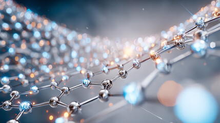 Detailed close-up of a molecular structure with interconnected atoms, shining lights, and vibrant colors representing scientific exploration.