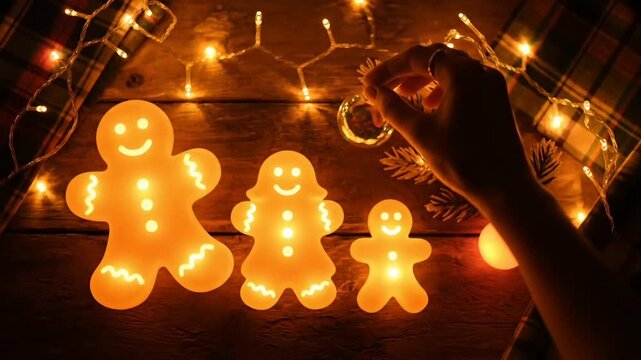Gingerbread Family Hanging Ornaments in a Rustic Barn