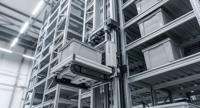 Automated warehouse storage and retrieval system with robot carrier, modern automated material handling system in a warehouse