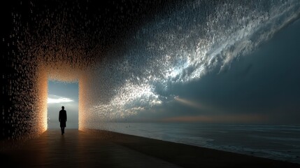 A lone figure stands before an ethereal doorway, surrounded by cascading light, leading to a serene ocean under a dramatic sky.