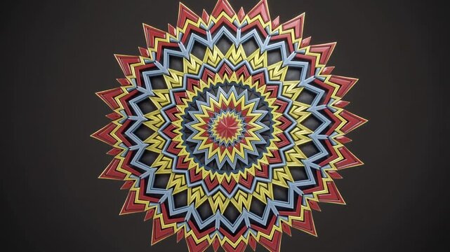 Geometric mandala pattern with sharp edges in red yellow and blue on a dark background symmetrical radial.