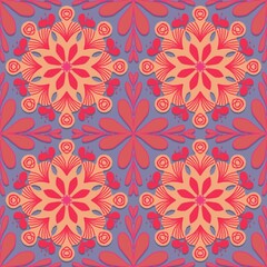 seamless floral background,painted pink, red, orange curves create to flower shape,leaves,purple background in geometric patterns as sarong,fabric,tile,printed fabric,batik,tablecloth patterns.