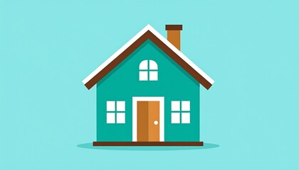 Obraz premium A simple teal-colored house illustration with white-framed windows, a brown door, and chimney, set against a solid blue background