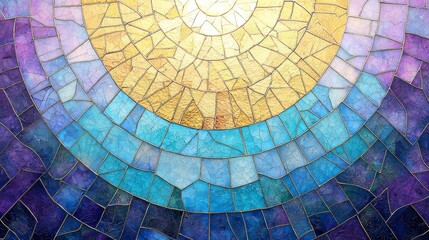 Naklejka premium A vibrant mosaic featuring concentric circles of various colors, including gold, blue, and purple, creating a visually striking geometric pattern.