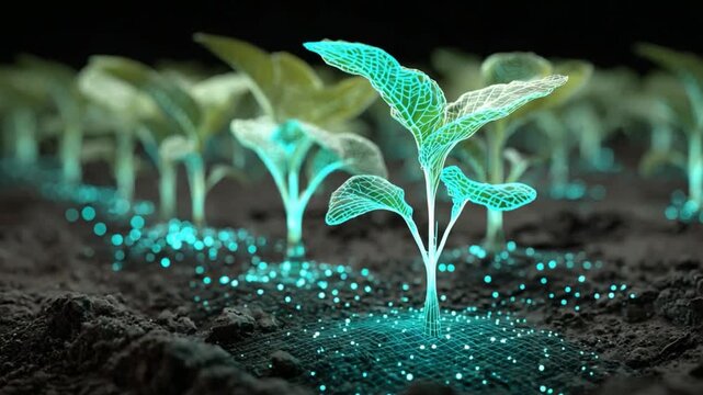 Innovative Plant Growth: A vibrant, digitally enhanced image showcases a solitary plant flourishing in nutrient-rich soil, its leaves glowing with life.
