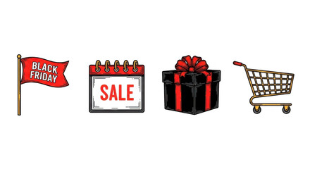 Black Friday Sale Icons Featuring Flag Gift Box Calendar and Shopping Cart.