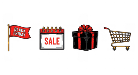 Black Friday Sale Icons Featuring Flag Gift Box Calendar and Shopping Cart.