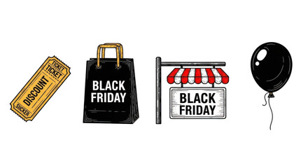 Black Friday Sale Icons: Ticket Bag Sign and Balloon.