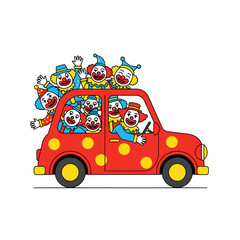 A red car filled with smiling clowns wearing colorful hats and costumes, waving and driving.