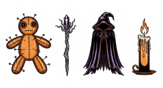 Mystical Voodoo Doll Staff Cloak and Candle Spooky Halloween Theme.
