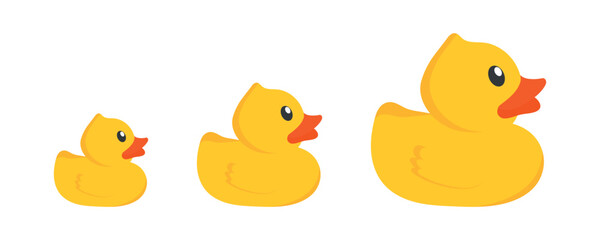 Yellow rubber duck, flat icon on a white background. Large and small children's duck. Cute vector illustration of a rubber duck.