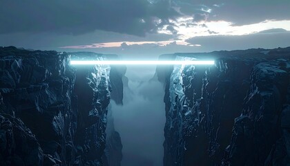 Futuristic glowing bridge spans a deep canyon under a dramatic sky.