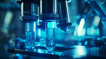 Futuristic biotechnology laboratory with advanced microscope analyzing glass test tubes containing glowing liquid. Neon blue and white lighting creates an ultra-clean environment.