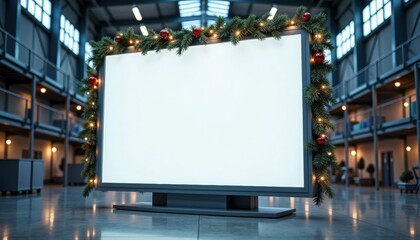 Blank digital signage framed with Christmas decorations in spacious hall  