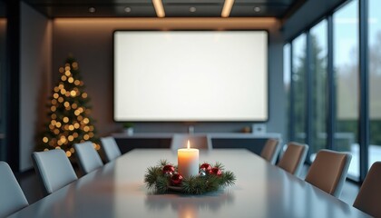 Modern conference room decorated for Christmas with candle centerpiece
