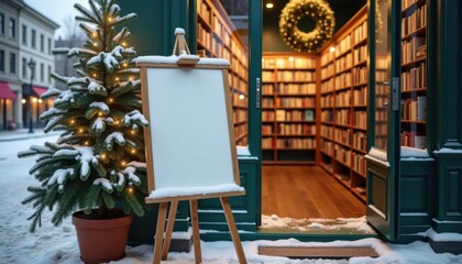 Fototapeta premium Cozy winter library entrance with snow and Christmas decorations 