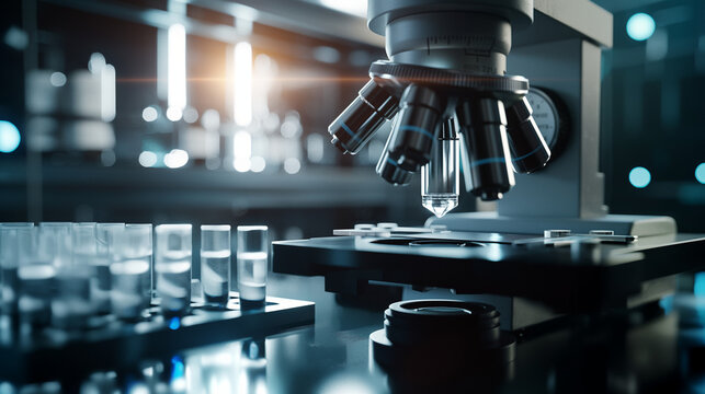 Close-up of a sleek dark microscope in an ultra-modern biotechnology laboratory. Transparent glass samples are placed on the table, showcasing advanced technology