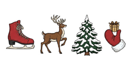 Fototapeta premium Festive Christmas Icons: Skate Reindeer Tree and Mitten with Gift.