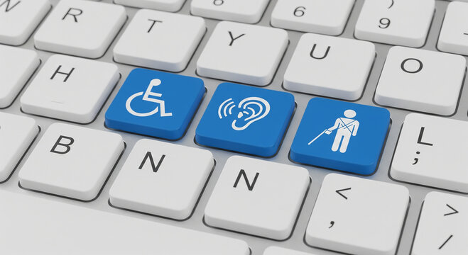 Accessibility symbols on a computer keyboard, representing disability inclusion and support for people with disabilities in technology
