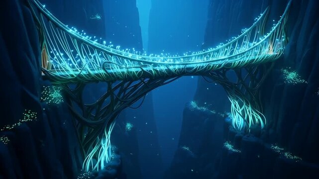 Glowing Bridge Spanning Deep Canyon: Fantasy Landscape with Bioluminescent Flora
