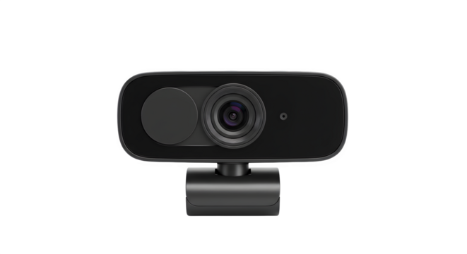 Black webcam features sleek, minimal design with lens details against a stark background. Great for product shots, tech reviews, branding.