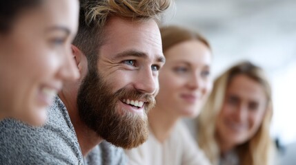 Obraz premium A group of Irish coworkers enjoys a lighthearted moment together, laughing and smiling, creating a friendly atmosphere during their workday in an office