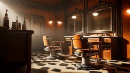 Vintage Barber Shop: Empty Chairs, Warm Light, Classic Interior