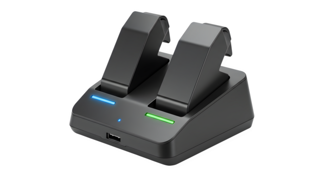 Black charger with blue and green light emits smooth, modern design. Ideal for product photography and technology branding.