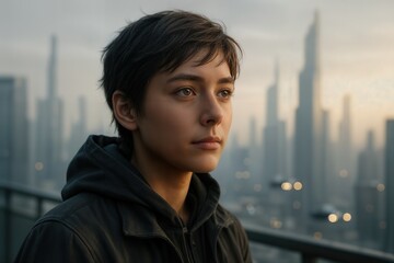 A Modern Cityscape At Dawn With A Young Person In Focus And Futuristic Skyscrapers In The Background Under A Soft Sky With Shallow Depth Of Field