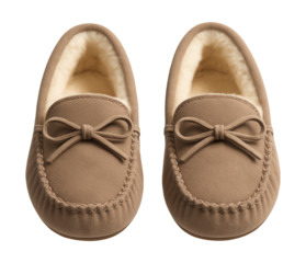 Suede moccasin slippers with faux fur lining and bow accent.