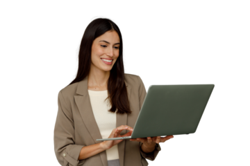 Businesswoman laughing, working on laptop, showing technology usage and professional success on transparent background