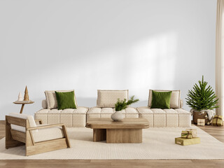 Full Modern Christmas Living Room Scene with Sofa, Tree and Coffee Table on Transparent Background PNG © Visio3Design
